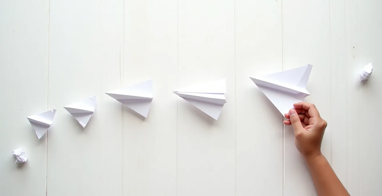 Multiple paper airplane designs laid out on a table showing progressive improvements