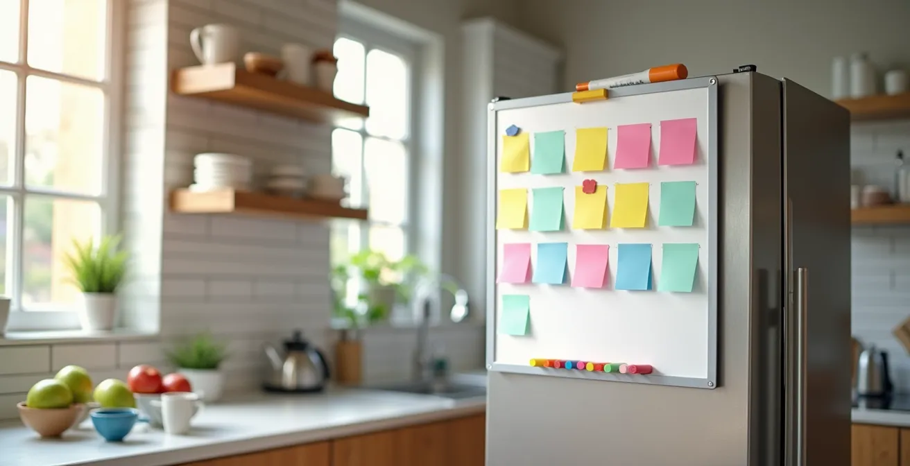 Kitchen whiteboard mounted on refrigerator showing colorful sticky notes and family agenda items