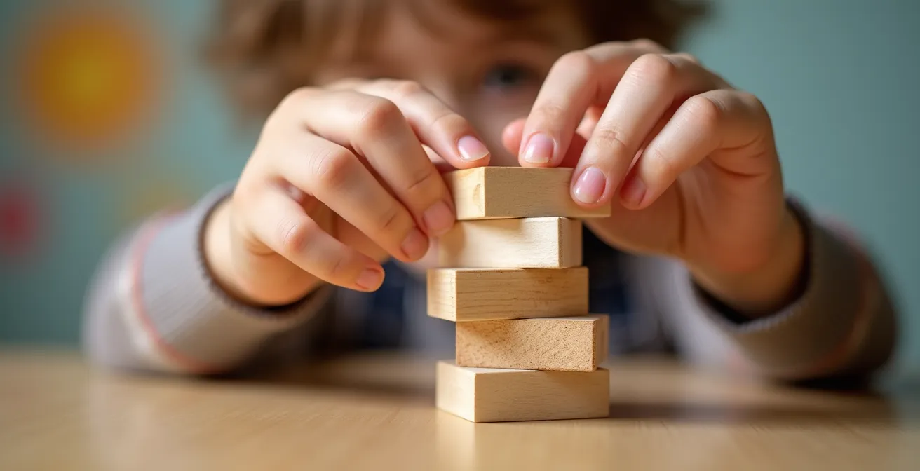 Close-up macro shot of children's hands manipulating wooden blocks showing balance and structure