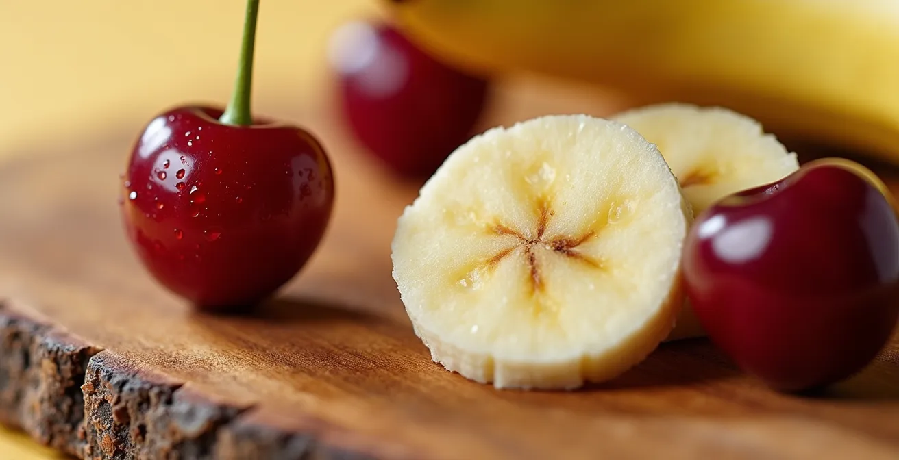 Extreme close-up of fresh banana slices and cherries on natural wood