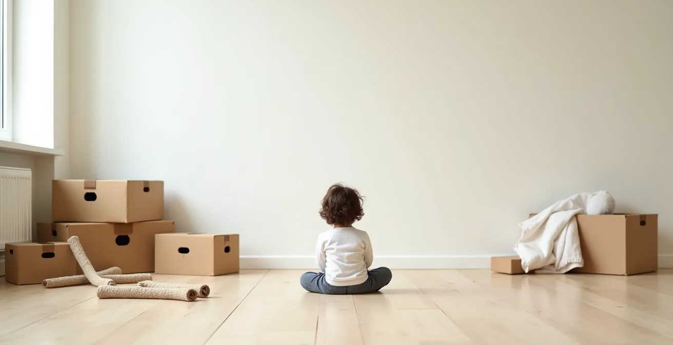 Wide angle view of child in minimalist play environment encouraging creative exploration