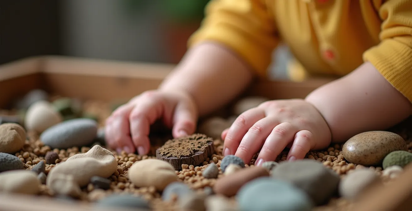 Toddler hands exploring various textures and materials in sensory bin for vocabulary learning