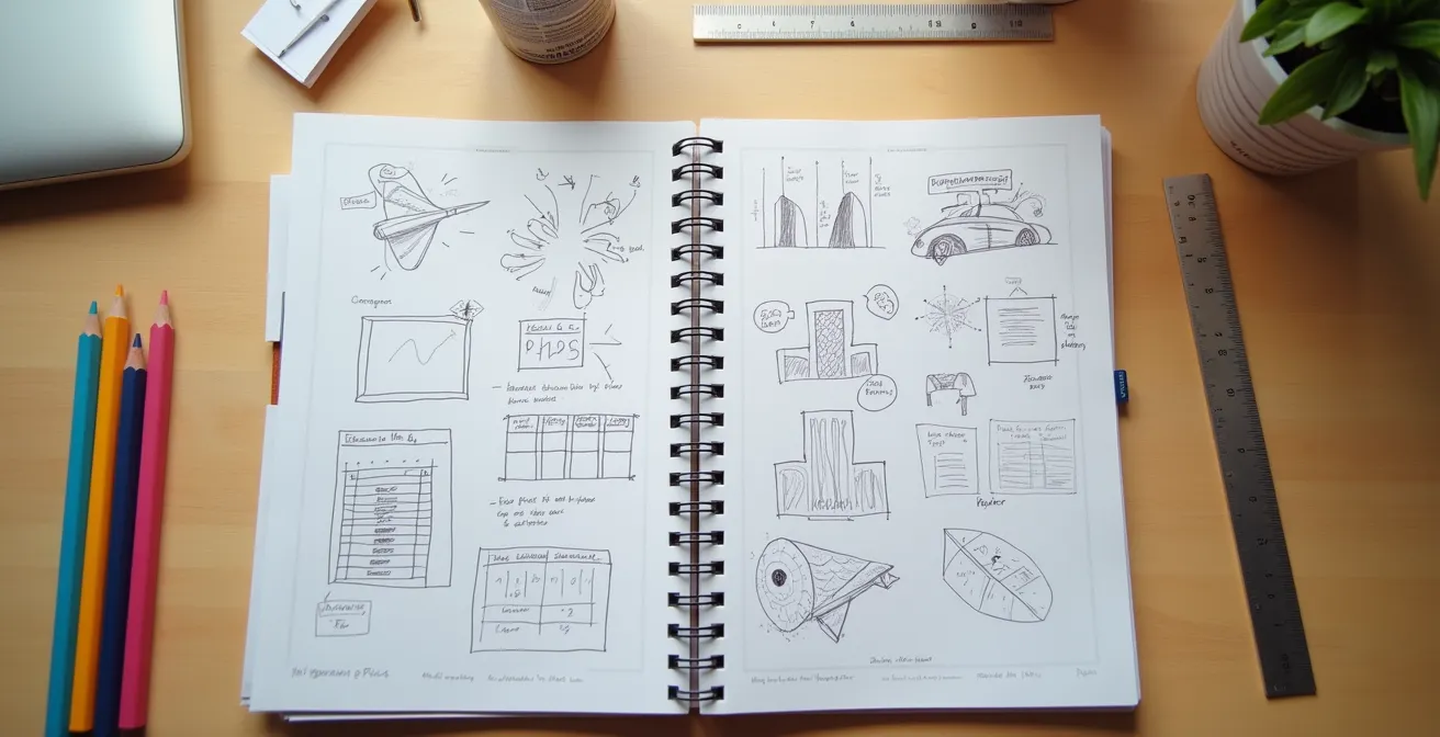 Laboratory notebook with handwritten notes and sketches on a work surface