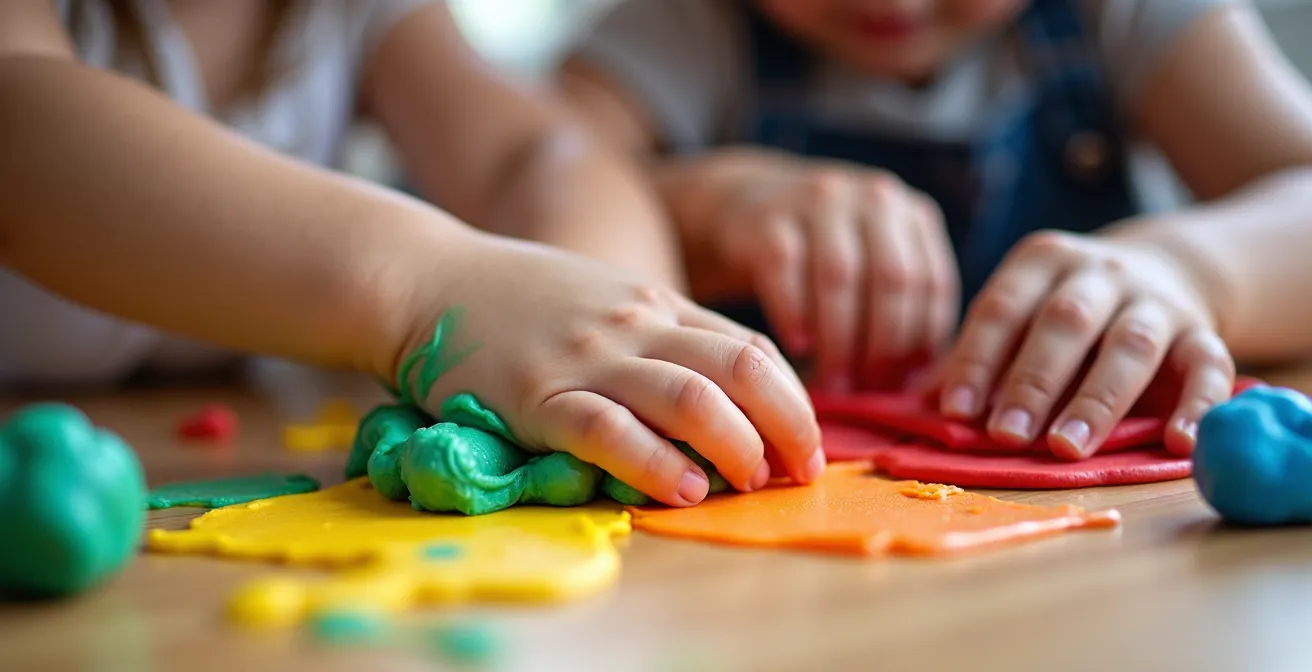 Close-up of toddler hands working with colorful playdough side by side