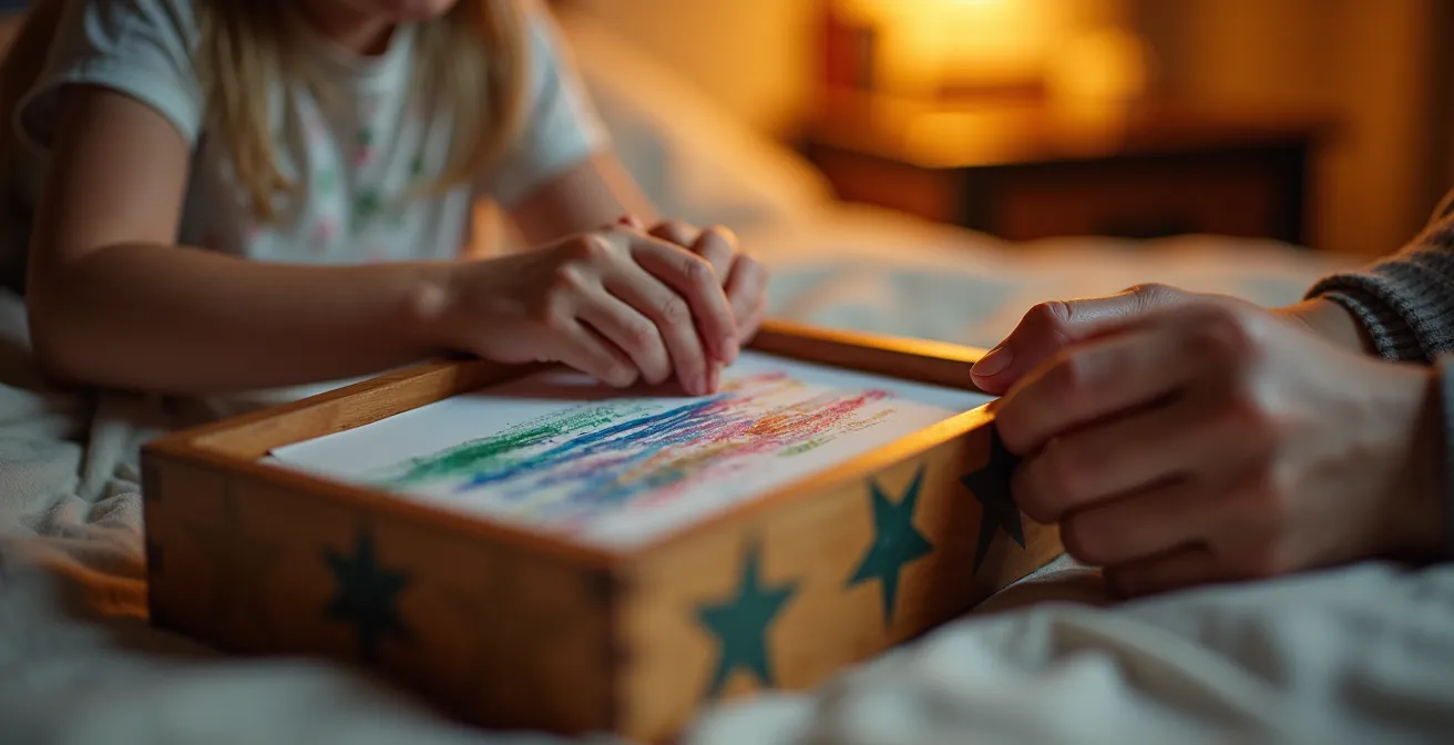 Parent and child placing drawn worry paper into decorative box during calming bedtime routine