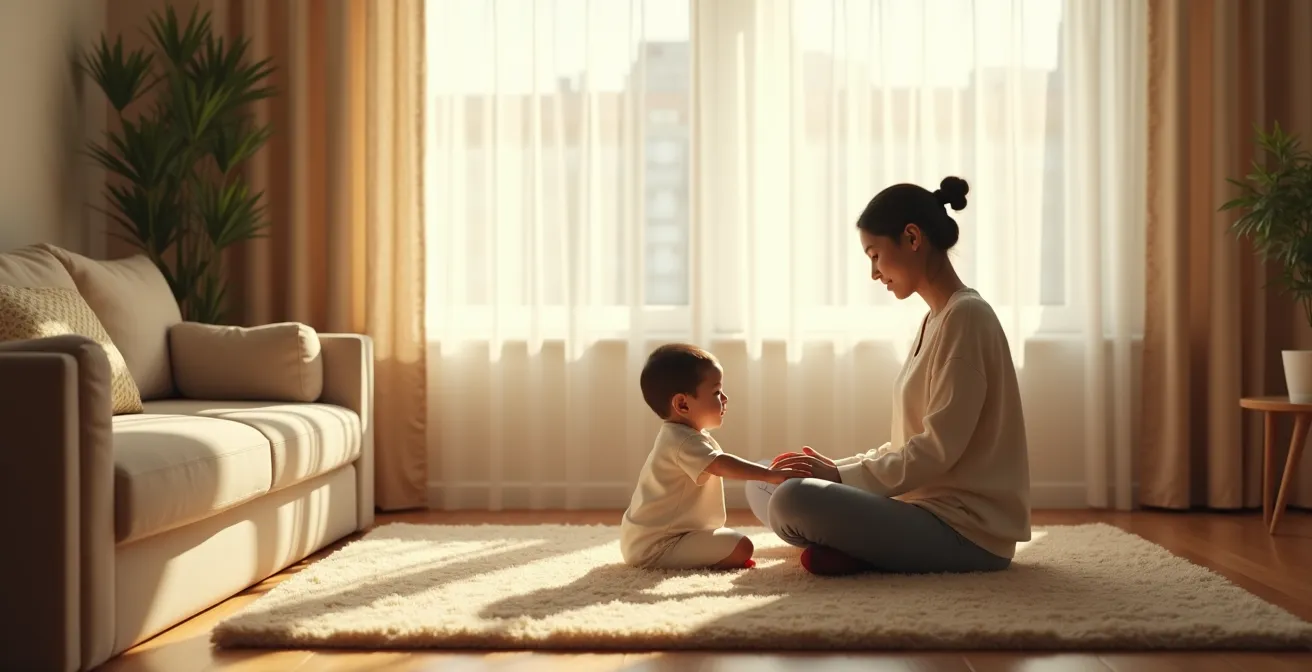 Parent sitting calmly beside upset child, demonstrating co-regulation through peaceful presence