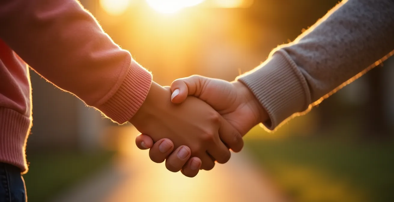 Parent and child performing special goodbye handshake at school entrance