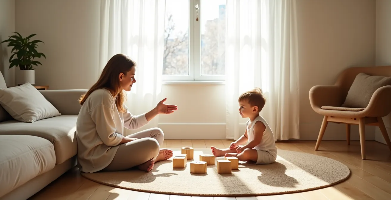 Parent and child sitting together on floor after conflict resolution