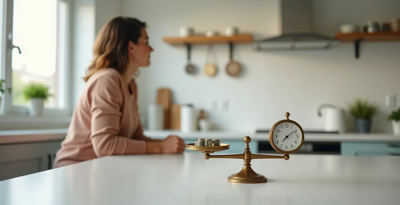 Parent looking at balance scale with time on one side and money on other
