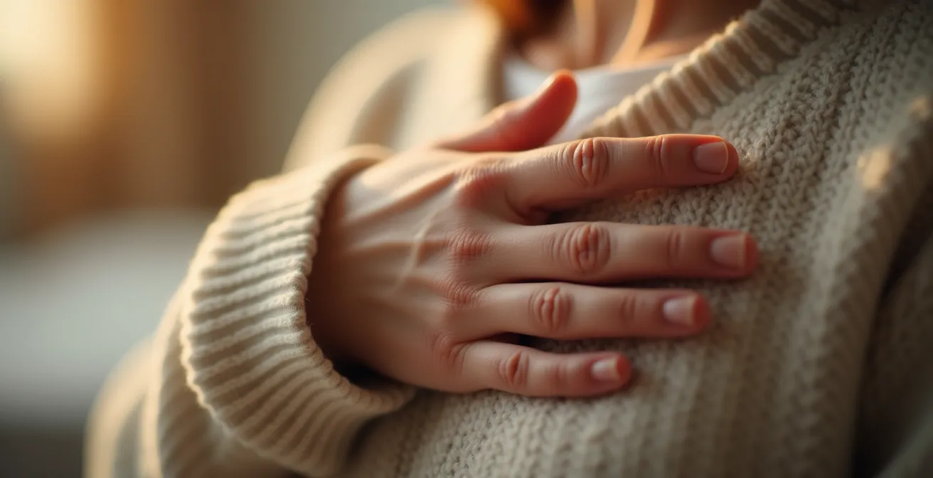 Close-up of parent's hand on chest demonstrating the pause button breathing technique