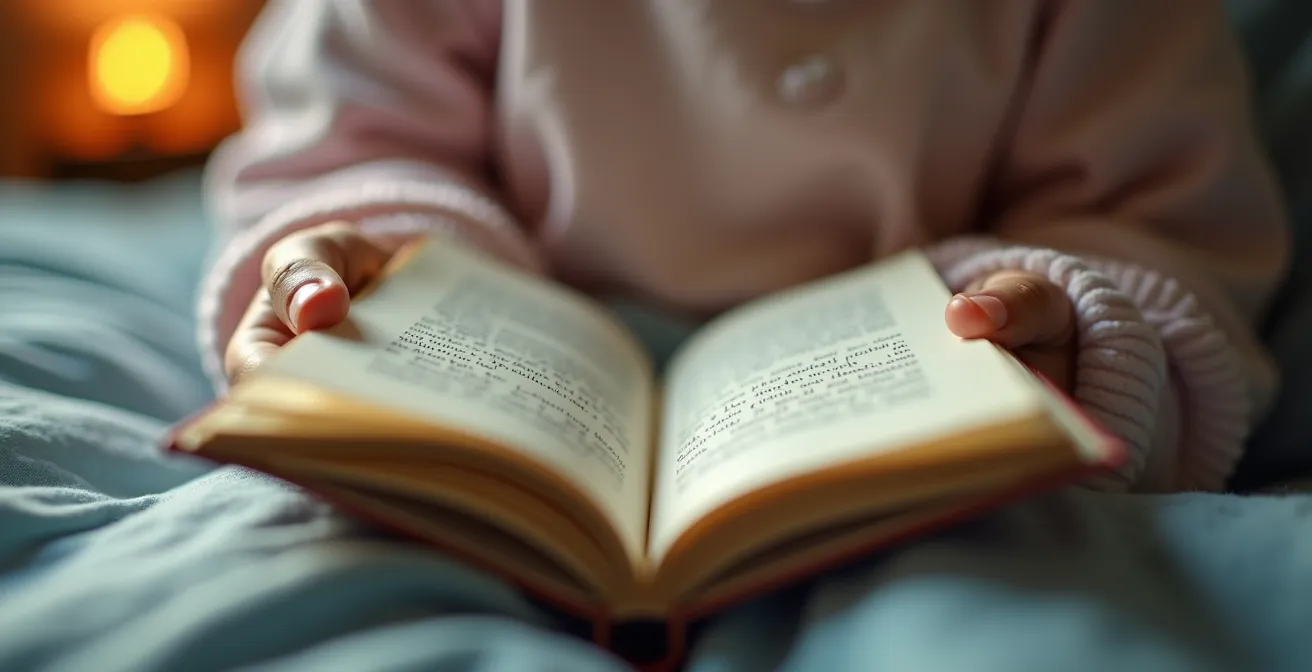 Close-up of a parent's hands holding an open children's book in dim bedroom lighting
