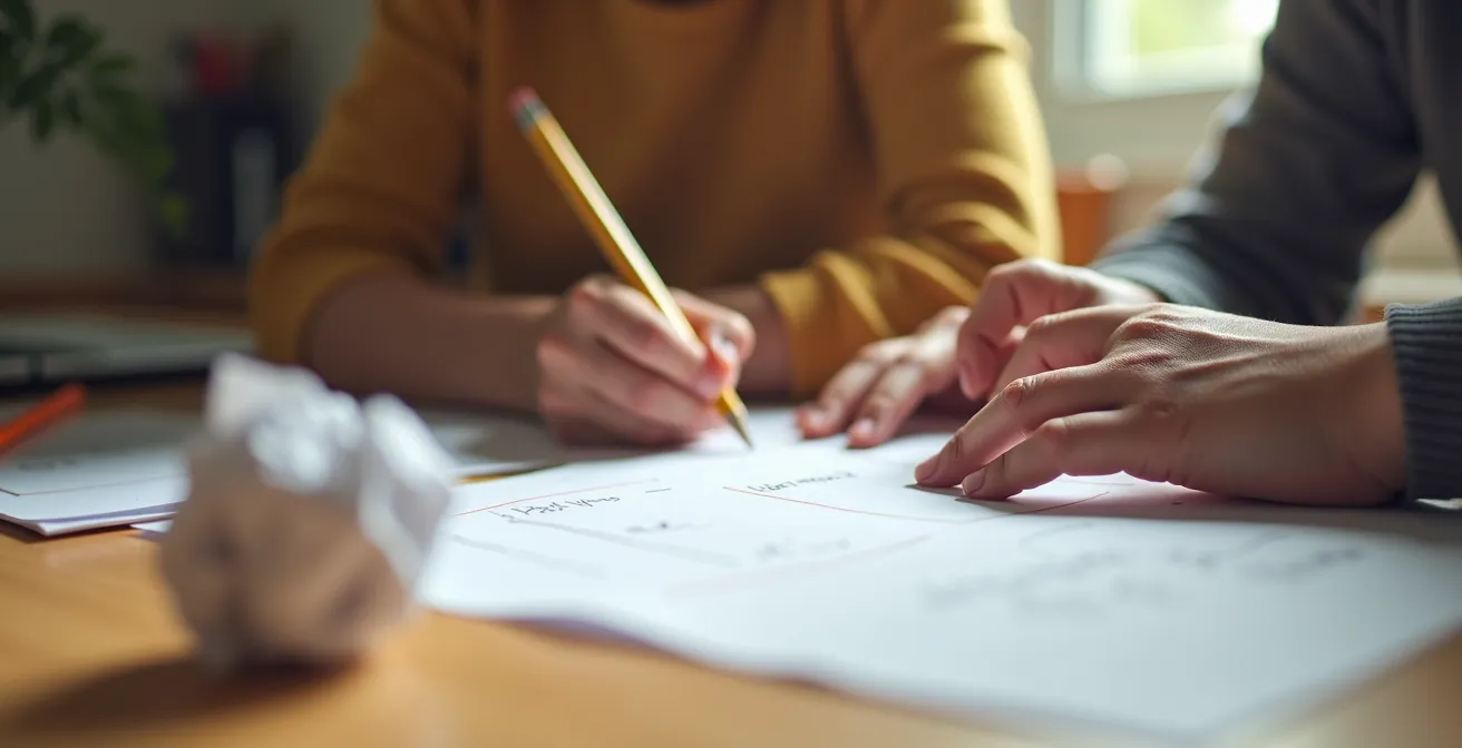 Parent and child reviewing homework papers together with focus on learning process