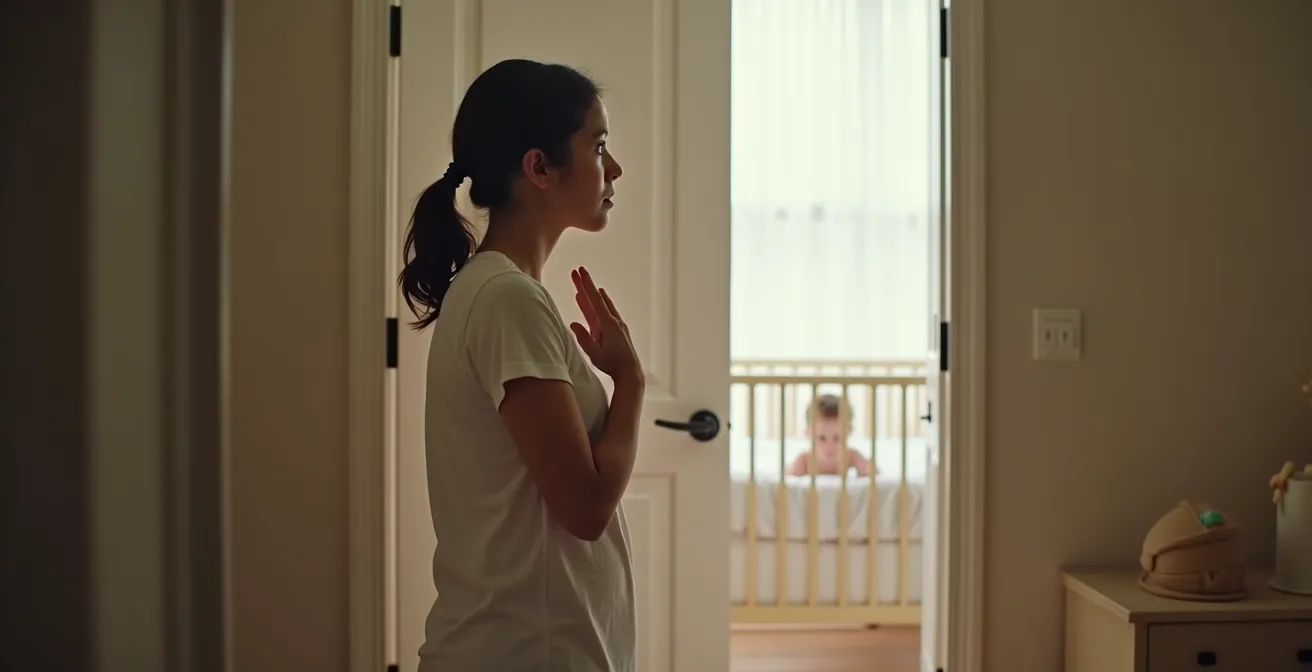 Parent taking a brief moment to breathe and regulate while baby is in safe space