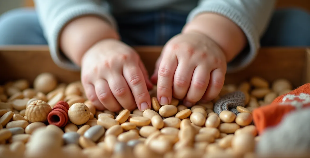 Child engaged in calm sensory bin activity during afternoon quiet time