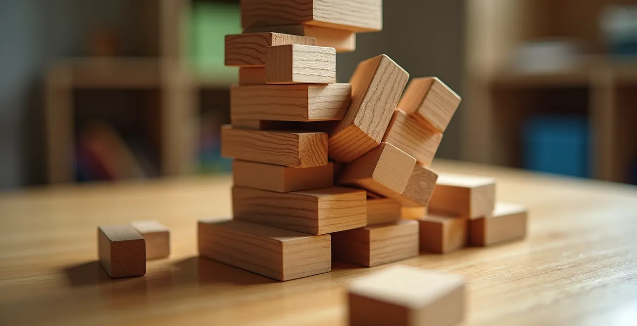 Close-up of wooden block tower mid-collapse showing physics in action