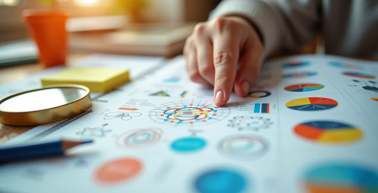 Child exploring a science book with magnifying glass focusing on diagrams