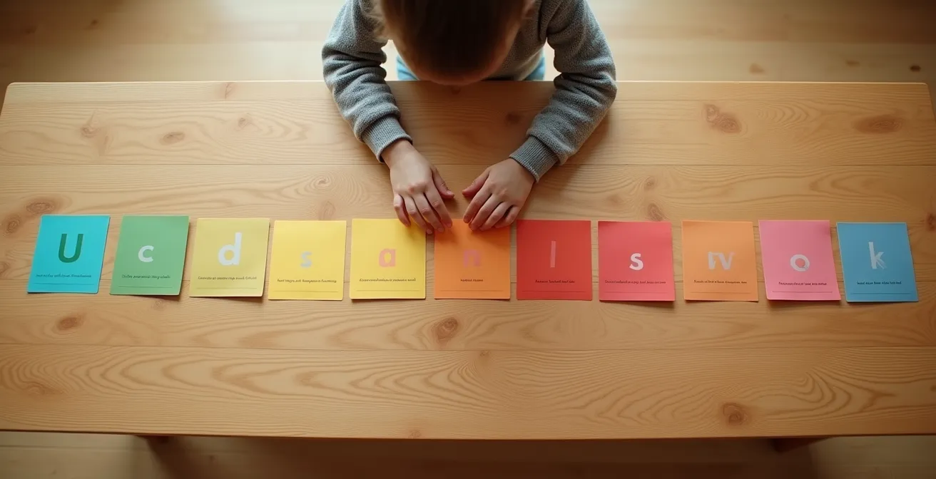 Child arranging word cards along a gradient line on a table