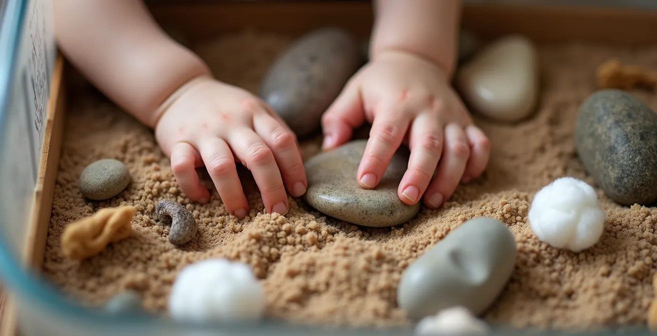 Child's hands exploring various textured materials in a sensory bin
