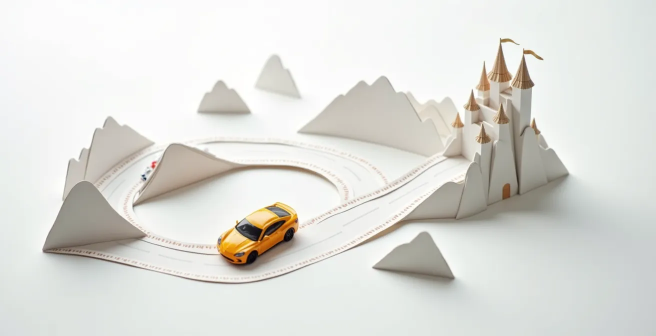 Wide shot of toy car on winding road through miniature landscape representing story journey