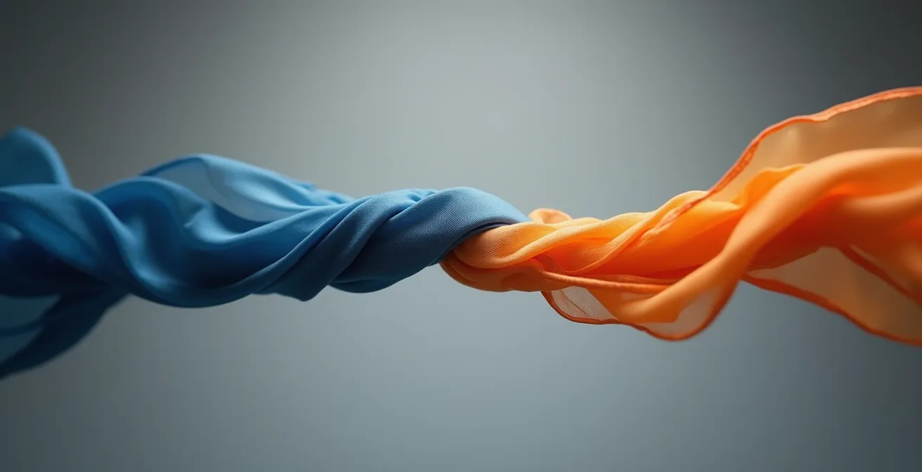 Abstract visualization of two different colored threads becoming untangled