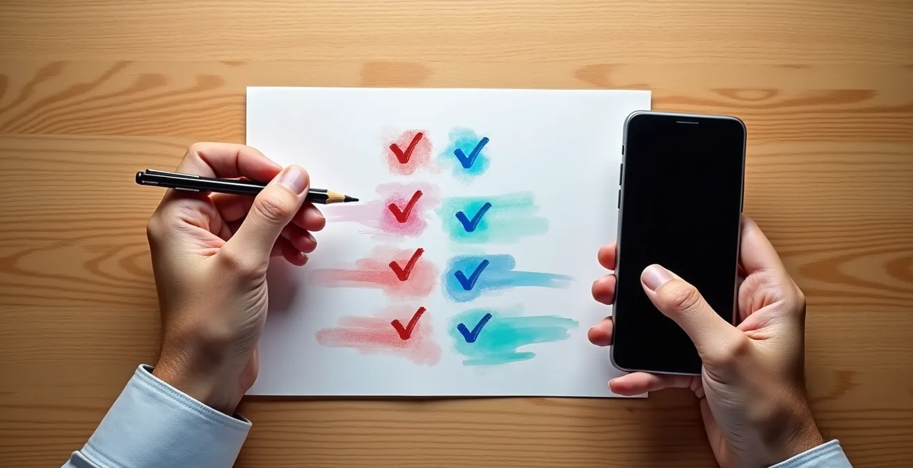 Teen at desk comparing a handwritten checklist with a smartphone app, showing the decision-making process between analog and digital tools.
