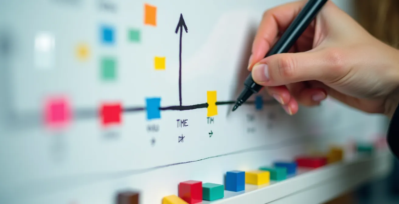 Teenager creating visual timeline on large whiteboard working backwards from deadline