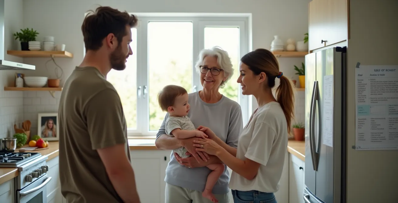 Three generations having a calm discussion in kitchen while grandmother holds infant