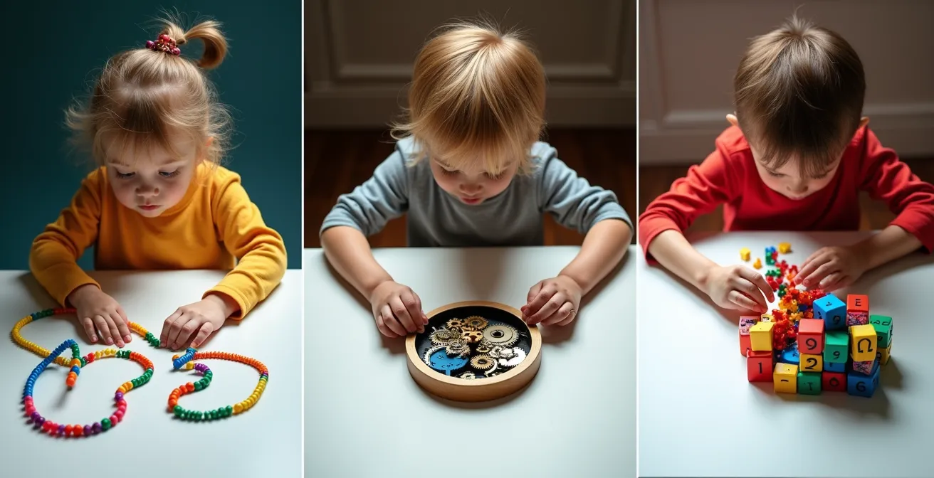 Three children demonstrating different mathematical thinking approaches with various learning materials
