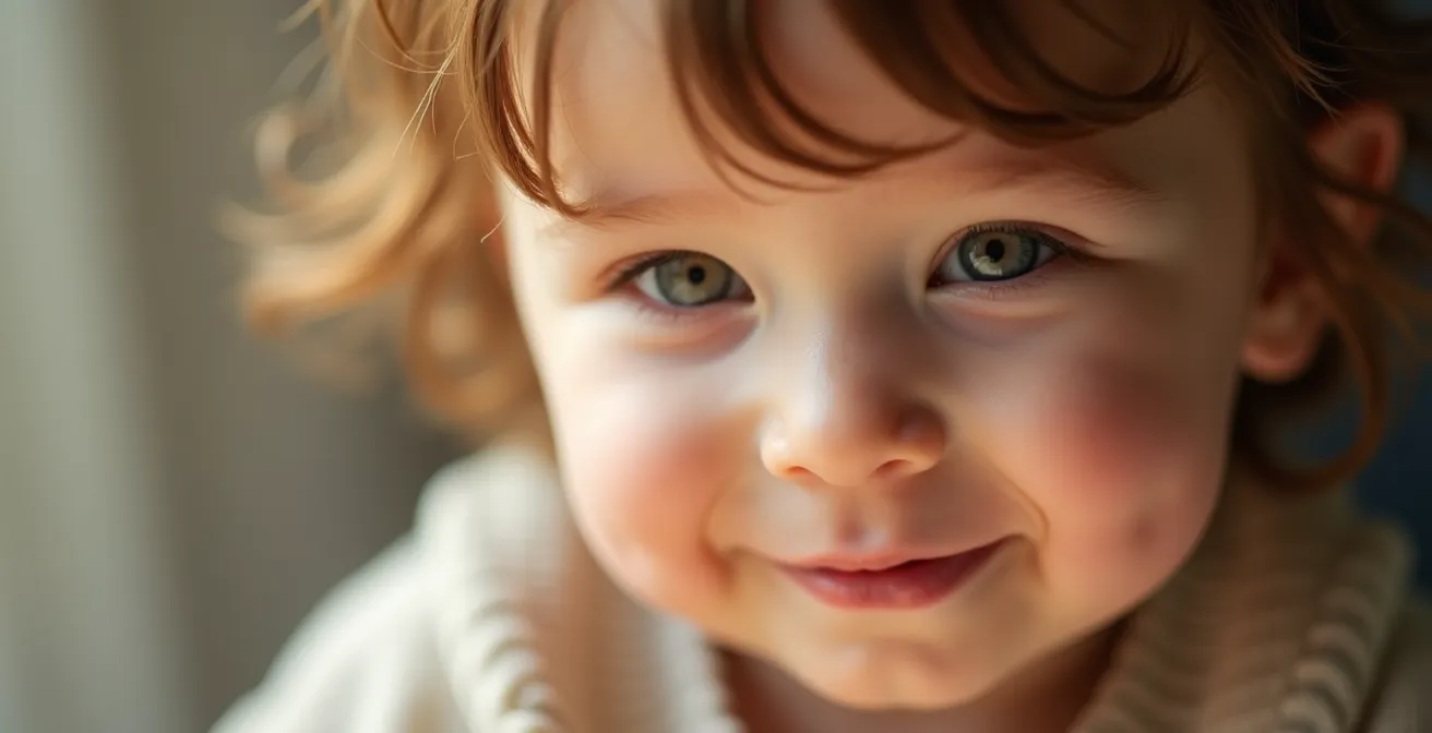 Close-up of toddler's peaceful face in soft morning light showing natural features