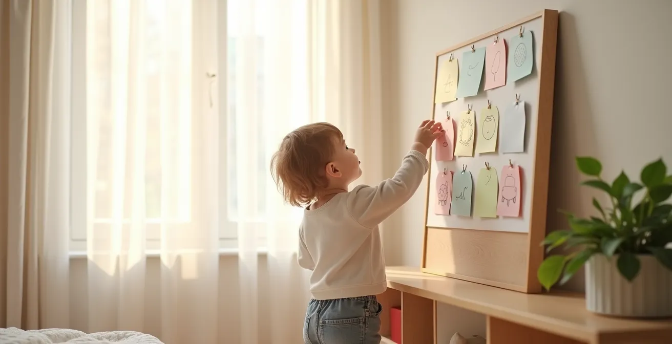Young child reaching up to place a colorful picture card on a velcro routine board showing daily activities