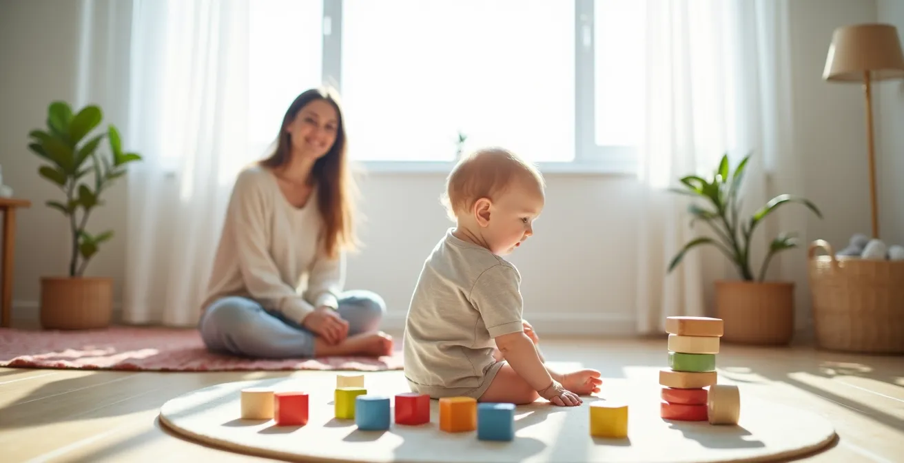 A toddler looking back at parent while exploring, demonstrating secure base behavior