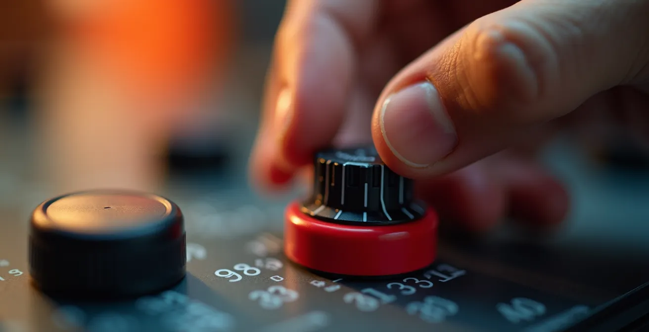 A close-up of an analog visual timer with a decreasing red wedge, showing how time is made tangible for a teen during a homework session.